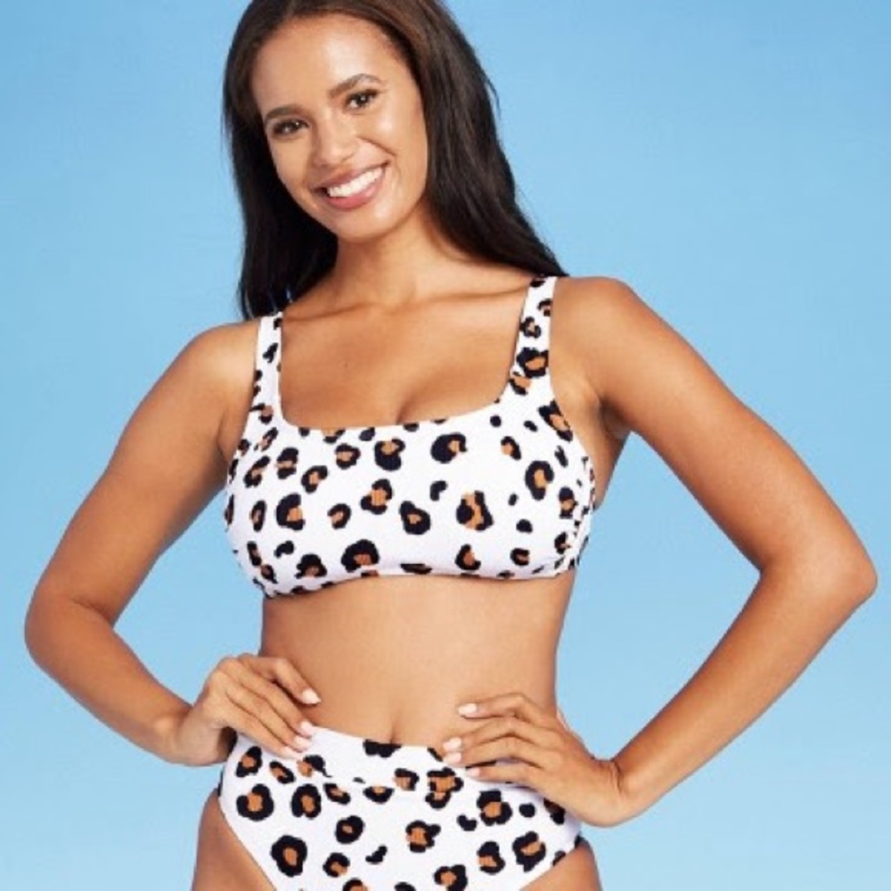 Target Xhilaration Ribbed Bralette Bikini White Animal Print D/DD & Small bottom